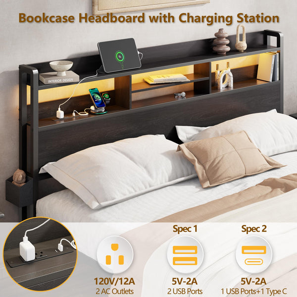 Platform Bed Frame with Storage Drawers, LED Lights & Charging Station