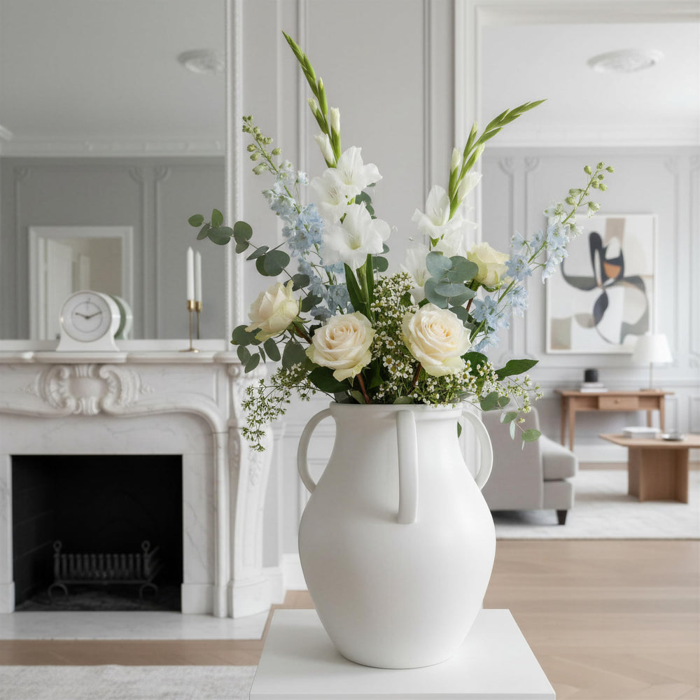 Matte White Ceramic Jug Vase with Handles