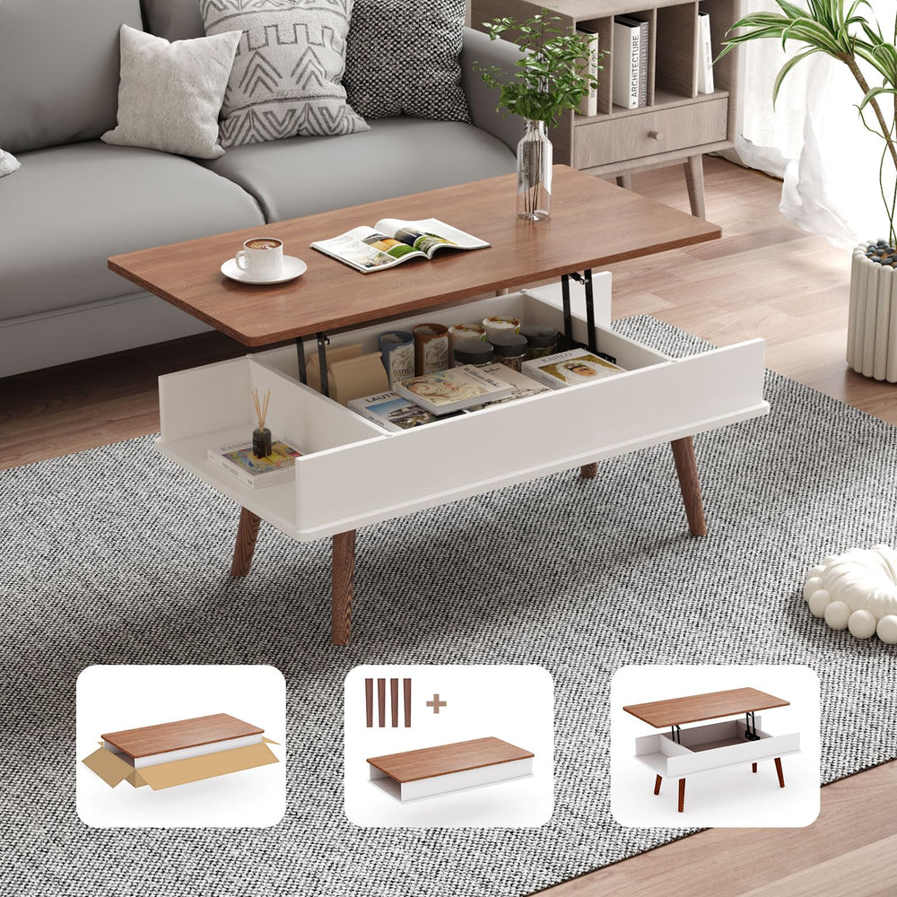 VYRIVA Lift Top Coffee Table, One Minute No Assembly Required Rising Tabletop Center Table with Large Hidden Storage Compartment, Open Shelf, Anti-Pinch Design Mute for Living Room (Walnut)