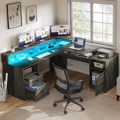 L-Shaped Computer Desk with Power Outlets, LED Lights & Lift Top – 60" Corner Desk with Drawers, Monitor Stand & File Cabinet
