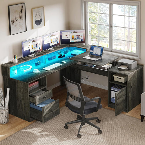 L-Shaped Computer Desk with Power Outlets, LED Lights & Lift Top – 60" Corner Desk with Drawers, Monitor Stand & File Cabinet