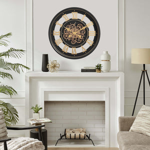 Large Moving Gear Wall Clock – Modern Black & Gold / Antique Champagne