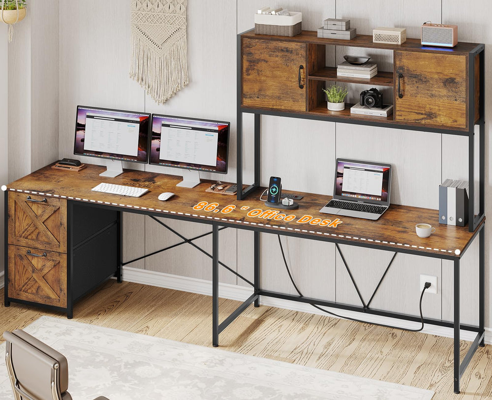 L-Shaped Desk with Drawers, Hutch & LED Lights