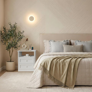 White Wooden Nightstand with LED Lights & Charging Station