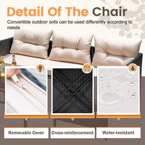 3-Piece L-Shaped Outdoor Rattan Sectional Sofa Set with Glass Table