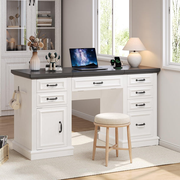 Farmhouse 57" Height-Adjustable Executive Desk with Drawers & File Cabinet