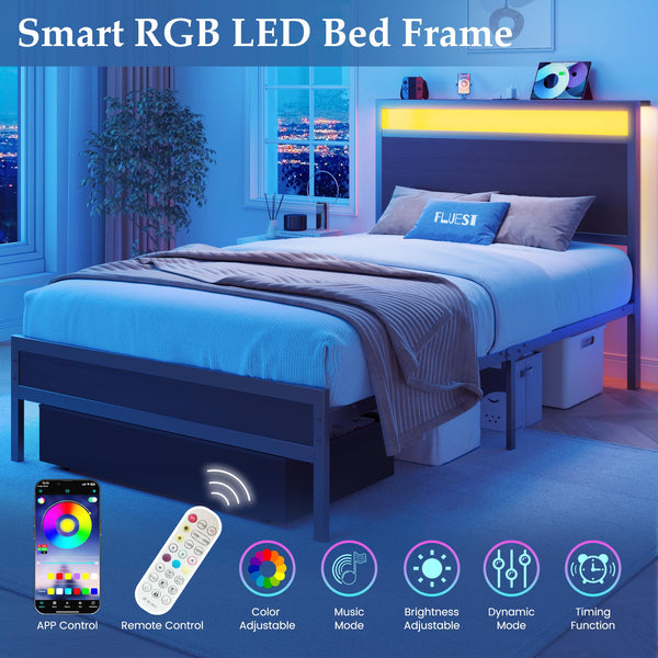 Metal Bed Frame with Storage Headboard, LED Lights & Charging Station
