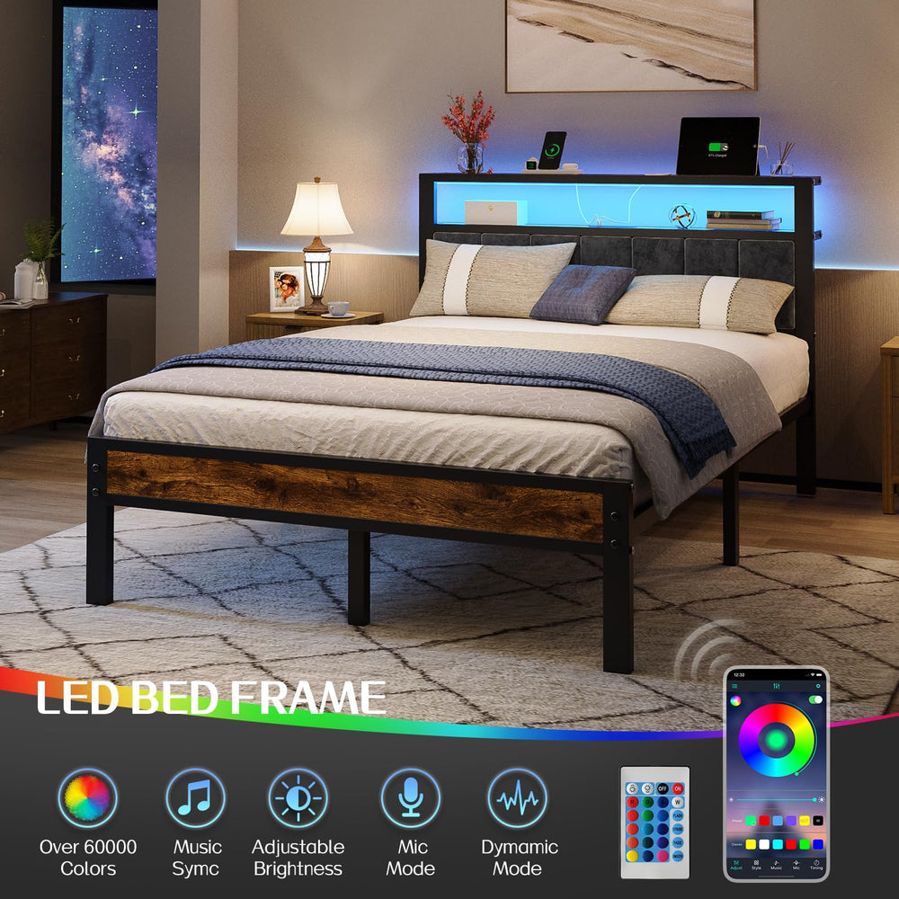 Platform Bed Frame with LED Lights & Charging Station – Storage Headboard, Metal Slats