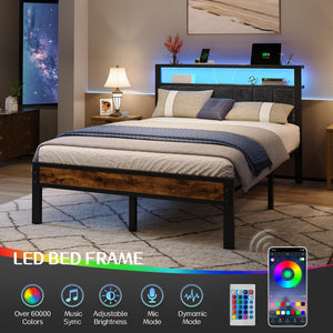 Platform Bed Frame with LED Lights & Charging Station – Storage Headboard, Metal Slats