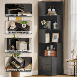 Corner Bookshelf with Drawers, 5-Tier, 70.87" Tall