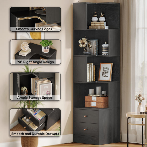 Corner Bookshelf with Drawers, 5-Tier, 70.87" Tall