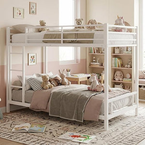 Twin Over Twin Low Bunk Bed Frame – Heavy-Duty Metal with Guardrails