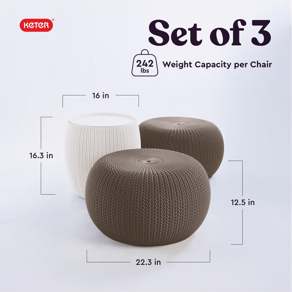 Outdoor Resin Pouf Ottoman Set with Storage Table – 3 Piece