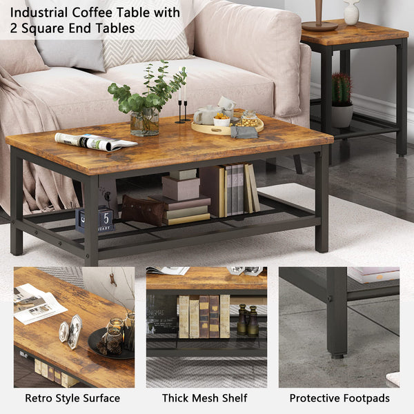 3-Piece Industrial Coffee Table Set with 2 End Tables