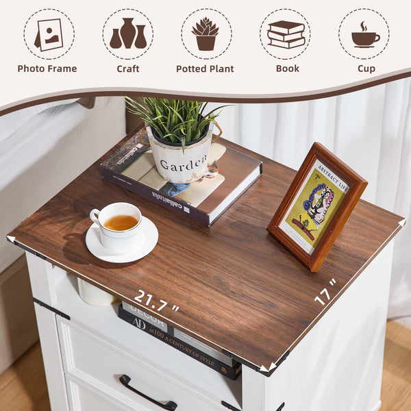 Farmhouse Nightstand with 2 Drawers & Open Shelf – White
