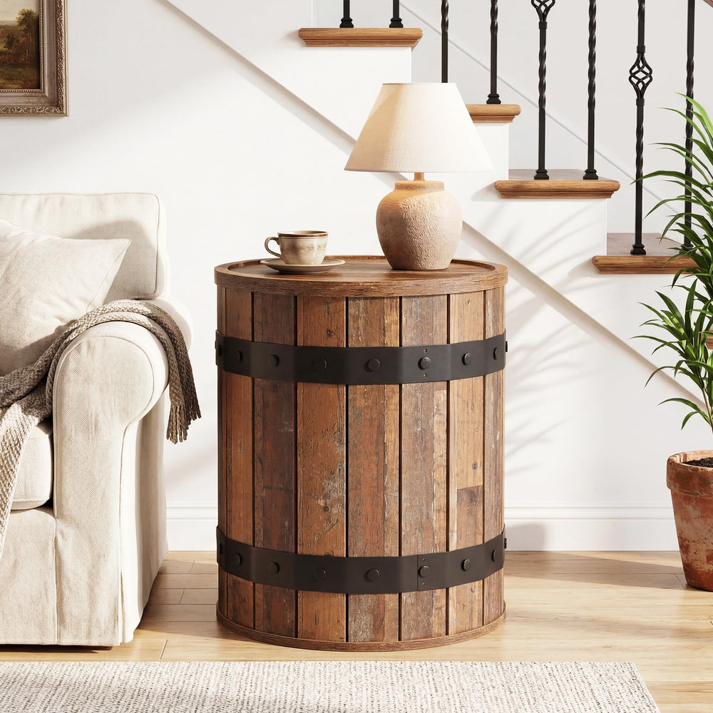 Farmhouse Barrel Side Table with Hidden Storage