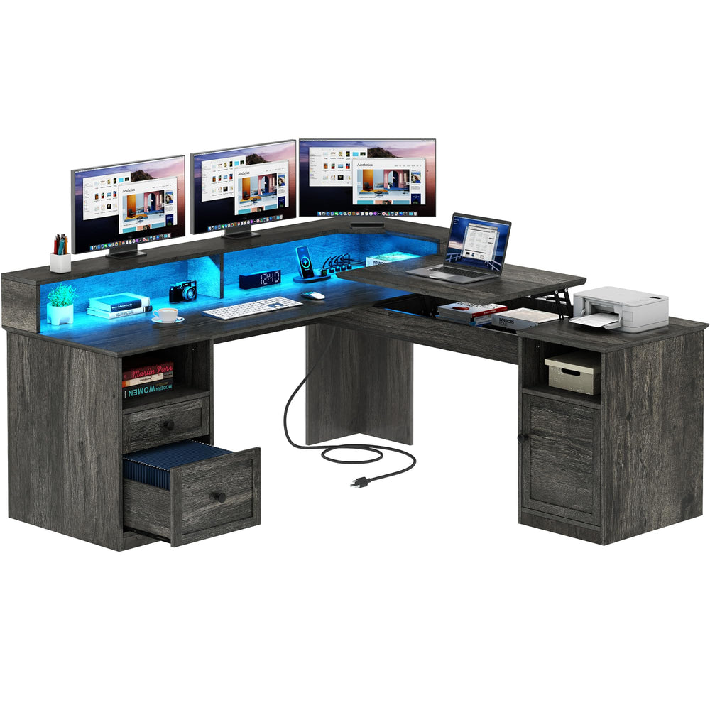 L-Shaped Computer Desk with Drawers, Power Outlets & LED Lights – 60" Corner Home Office Desk, Height Adjustable, Grey