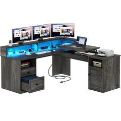 L-Shaped Computer Desk with Drawers, Power Outlets & LED Lights – 60" Corner Home Office Desk, Height Adjustable, Grey