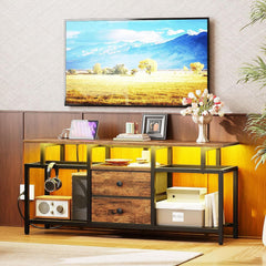 YATINEY TV Stand with LED Light and Power Outlets, Entertainment Center with Fabric Drawers and Open Shelves, 41.7" TV Cabinet for TVs up to 45 Inch, Media Console for Living Room, Brown DS03UDBR