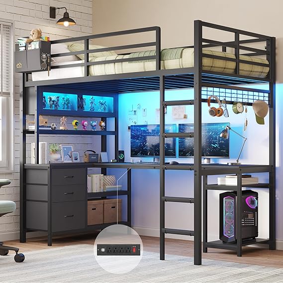Twin Loft Bed with L-Shaped Gaming Desk & Storage