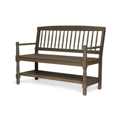 Farmhouse Acacia Wood Bench with Shelf – Gray