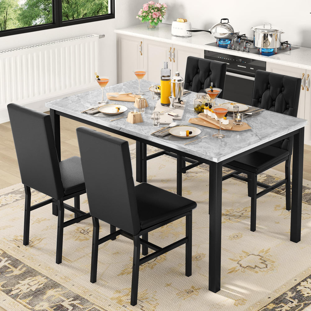5-Piece Faux Marble Dining Table Set with Button Tufted Chairs