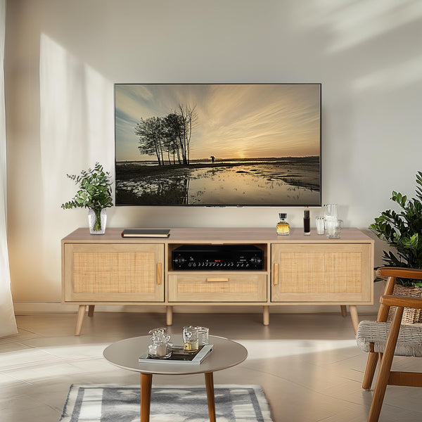 59-Inch Boho Rattan TV Stand with Storage