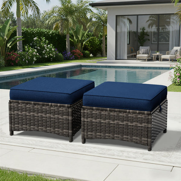 Outdoor Wicker Ottoman Set of 2 with Cushions