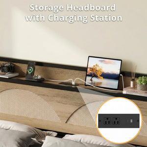 Rattan Queen Bed Frame with LED Lights & Charging Station
