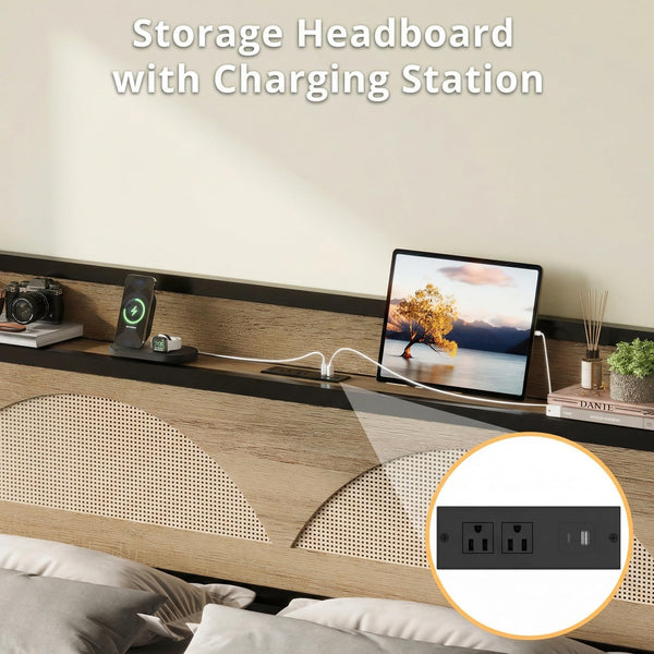 Rattan Queen Bed Frame with LED Lights & Charging Station