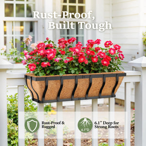 Iron Railing Planter Box with Coco Liner & Support Rod