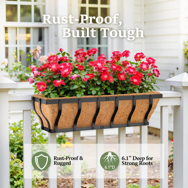 Iron Railing Planter Box with Coco Liner & Support Rod