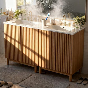Floating Double Sink Bathroom Vanity with SMC Resin Top & Wood Cabinet