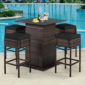5-Piece Outdoor Wicker Bar Set with 4 Stools & Hidden Storage