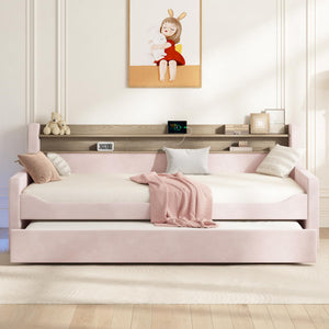 Twin Upholstered Daybed with Trundle, LED Light & Storage Headboard