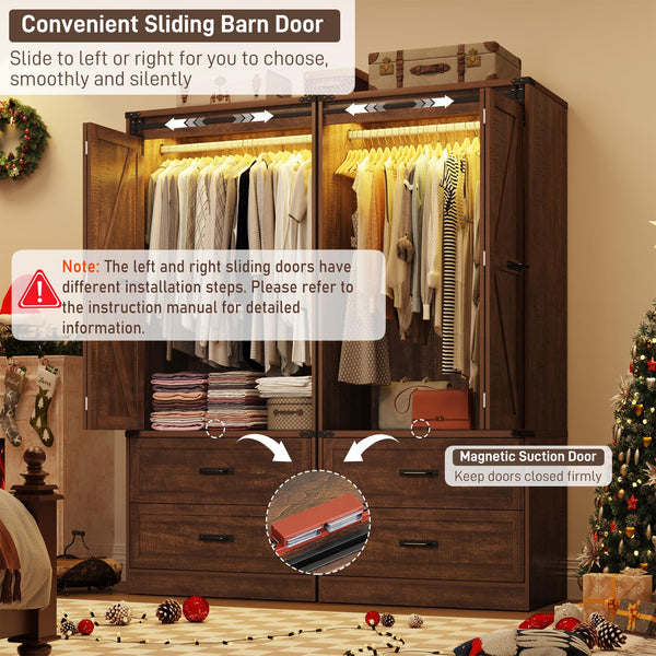 Farmhouse Sliding Door Wardrobe with LED Light & Drawers