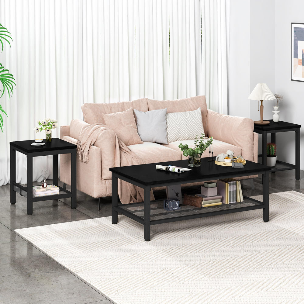 3-Piece Industrial Coffee Table Set with 2 End Tables