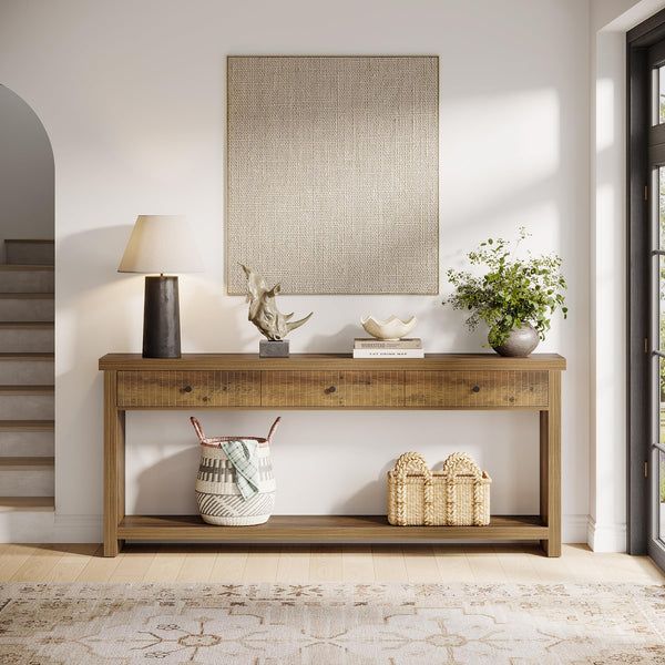 70.9" Extra Long Console Table with 3 Drawers & Open Shelves