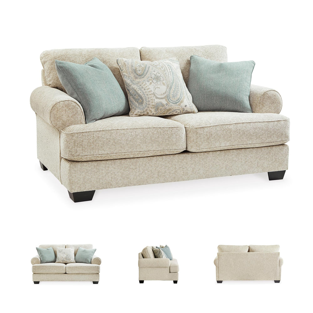 Beige Chenille Loveseat with Accent Pillows & Rolled Arms