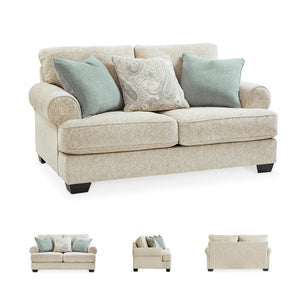 Beige Chenille Loveseat with Accent Pillows & Rolled Arms