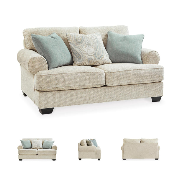 Beige Chenille Loveseat with Accent Pillows & Rolled Arms