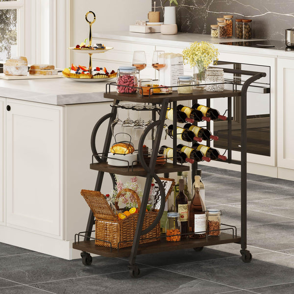 3-Tier Rolling Bar Cart with Wine Glass Holder