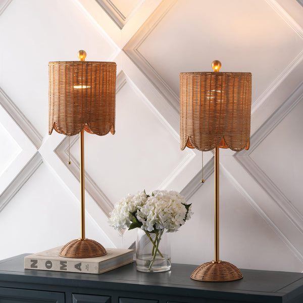 Coastal Rattan Table Lamp Set of 2 with Brass Gold Base