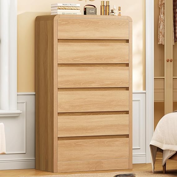 55-Inch 6-Drawer Dresser – Natural Wood Finish