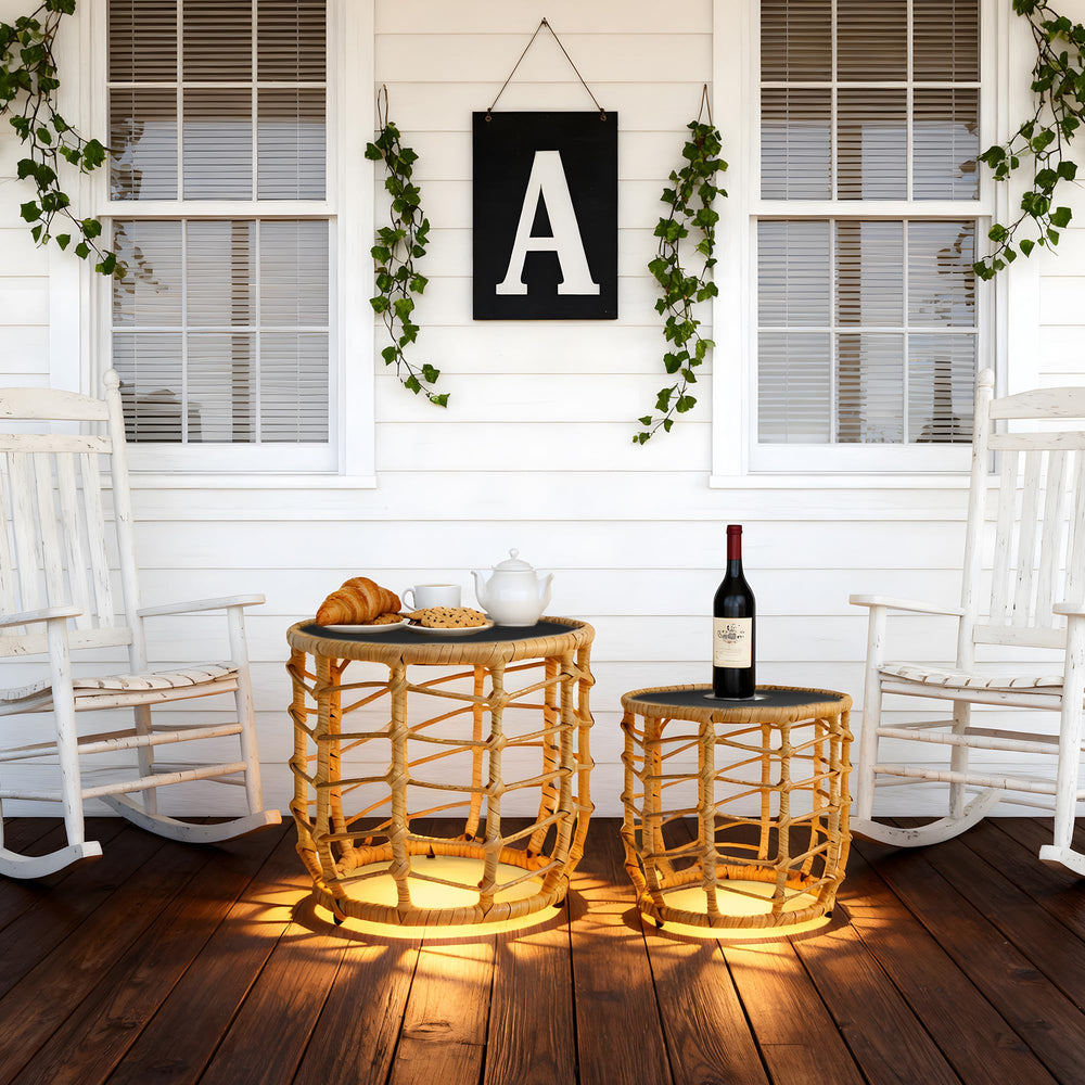 Boho Solar Outdoor Side Tables Set of 2 – All-Weather Wicker Nesting Tables