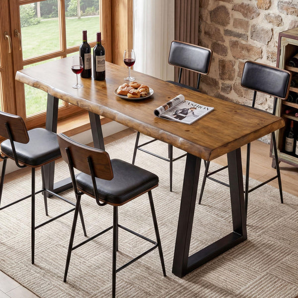 63-Inch Solid Pine Wood Bar Table with Live Edge and Metal Legs
