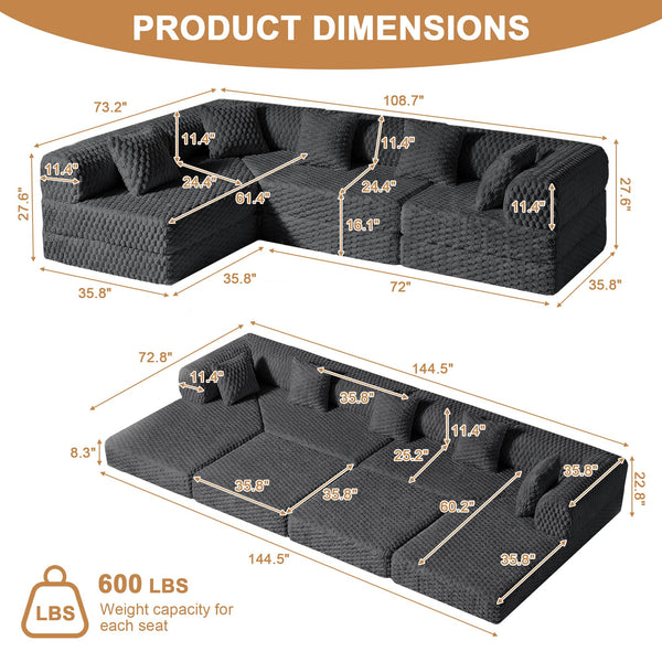 L-Shaped Modular Sectional Sofa Bed – Velvet, No Assembly