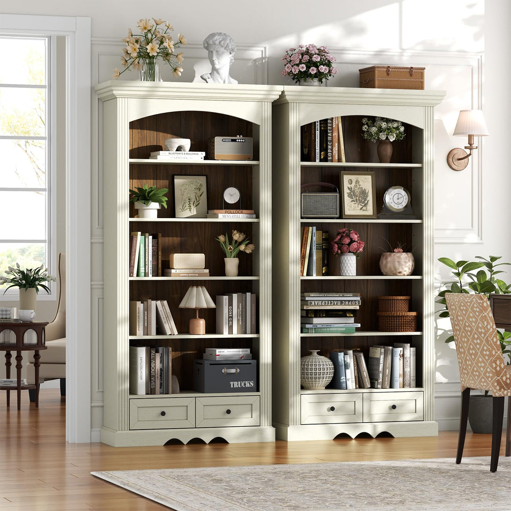 71" Arched Bookcase with Drawers & Adjustable Shelves