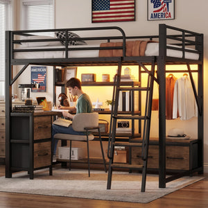 Metal Loft Bed with Desk, Storage & RGB LED Lights