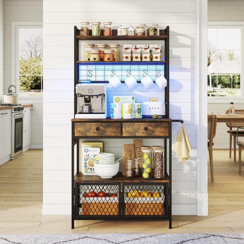 5-Tier Bakers Rack with Power Outlet, LED Lights & Drawers